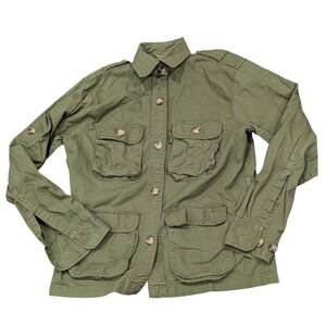 Vtg TAG Safari Travel Clothing Army Green Utility Safari Trail Jacket Shirt Sz S